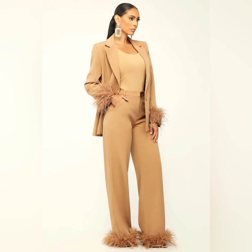 Ostrich Trim Tan Jumpsuit